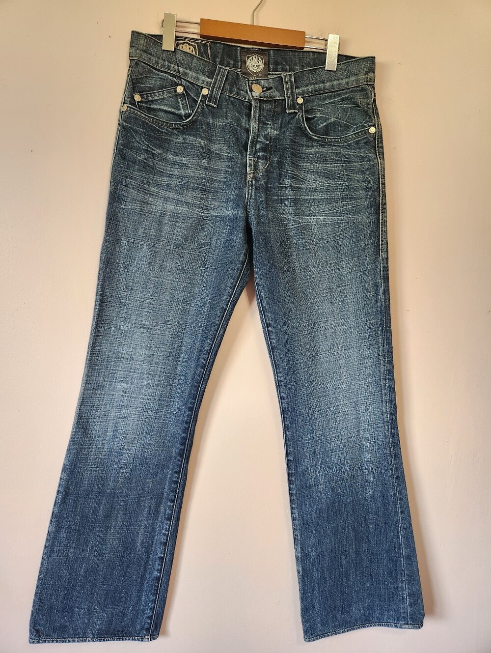 Vintage Y2K Rock & Republic Henlee Jeans Blue Wash Skull Logo Button Fly Size 34